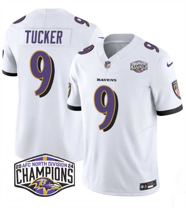Mens Baltimore Ravens #9 Justin Tucker White F.U.S.E 2024 AFC North Division Champions Vapor Limited Jersey->baltimore ravens->NFL Jersey